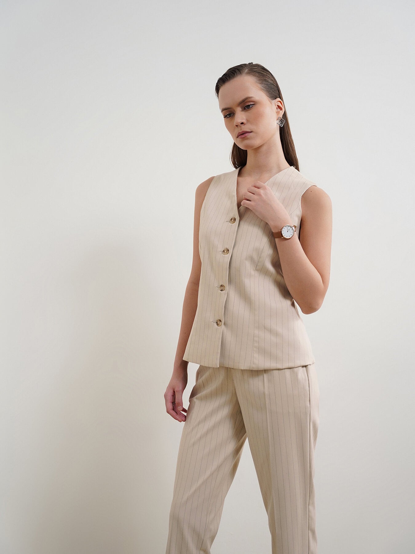 Striped Waistcoat and Trousers Coord - Beige