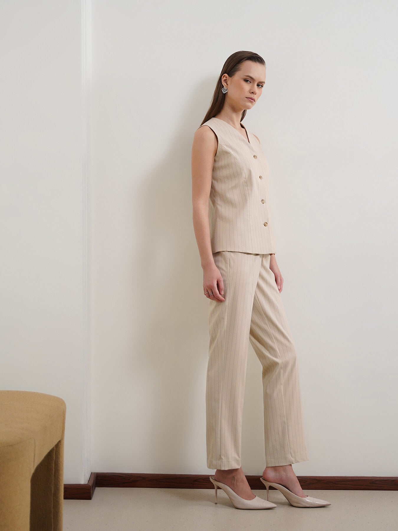 Striped Waistcoat and Trousers Coord - Beige