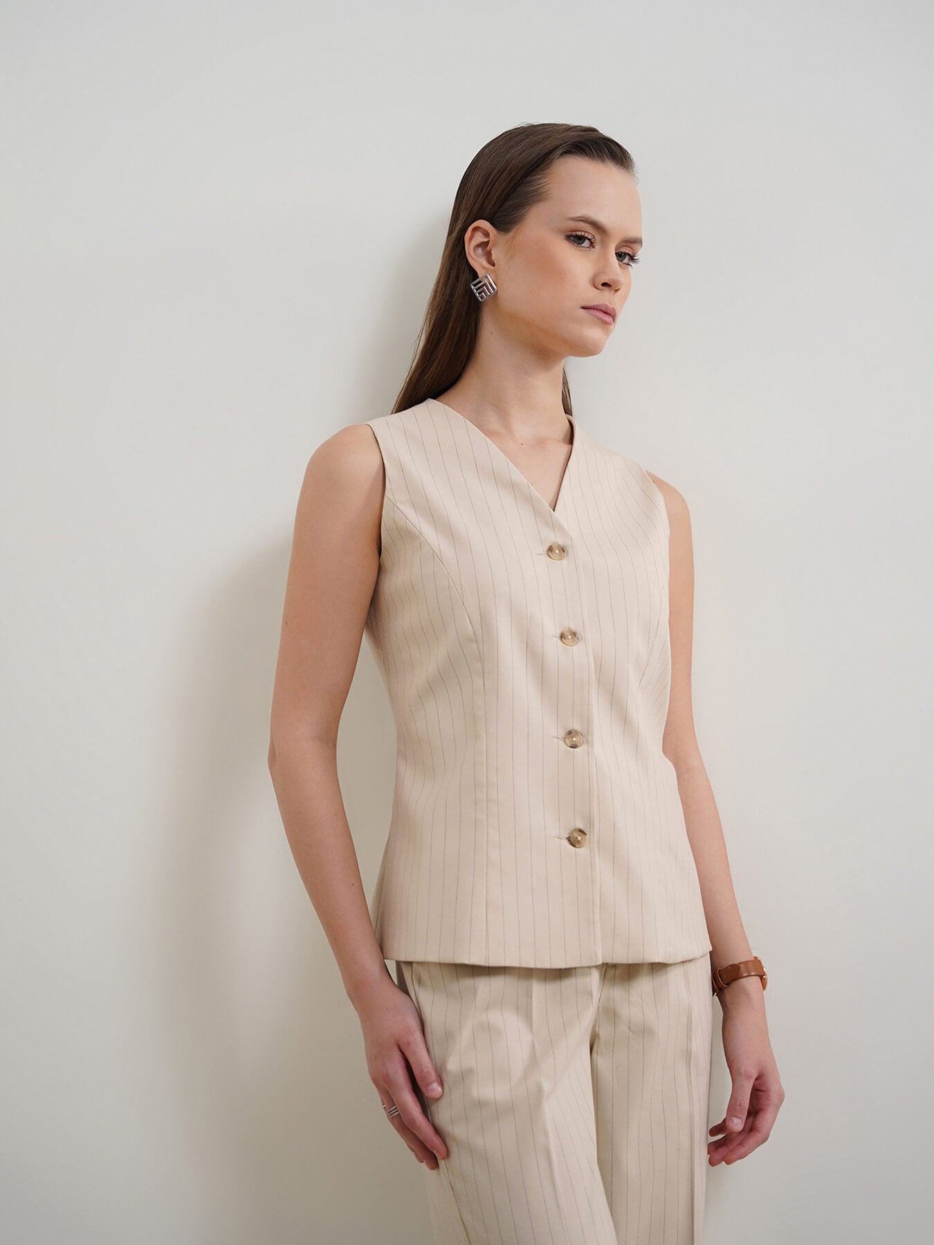 Striped Waistcoat and Trousers Coord - Beige