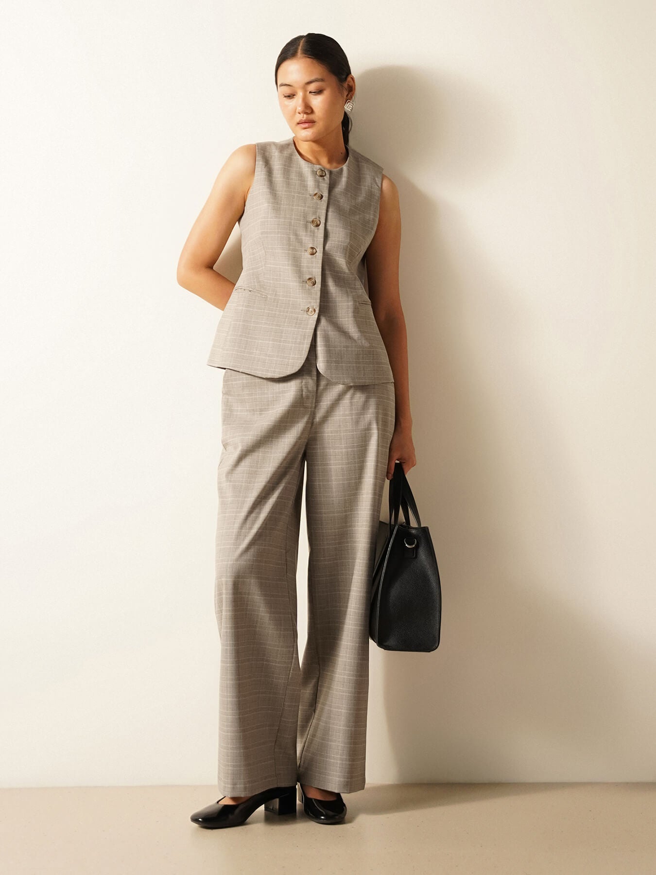 Checkered Waistcoat And Trousers Coord- Grey