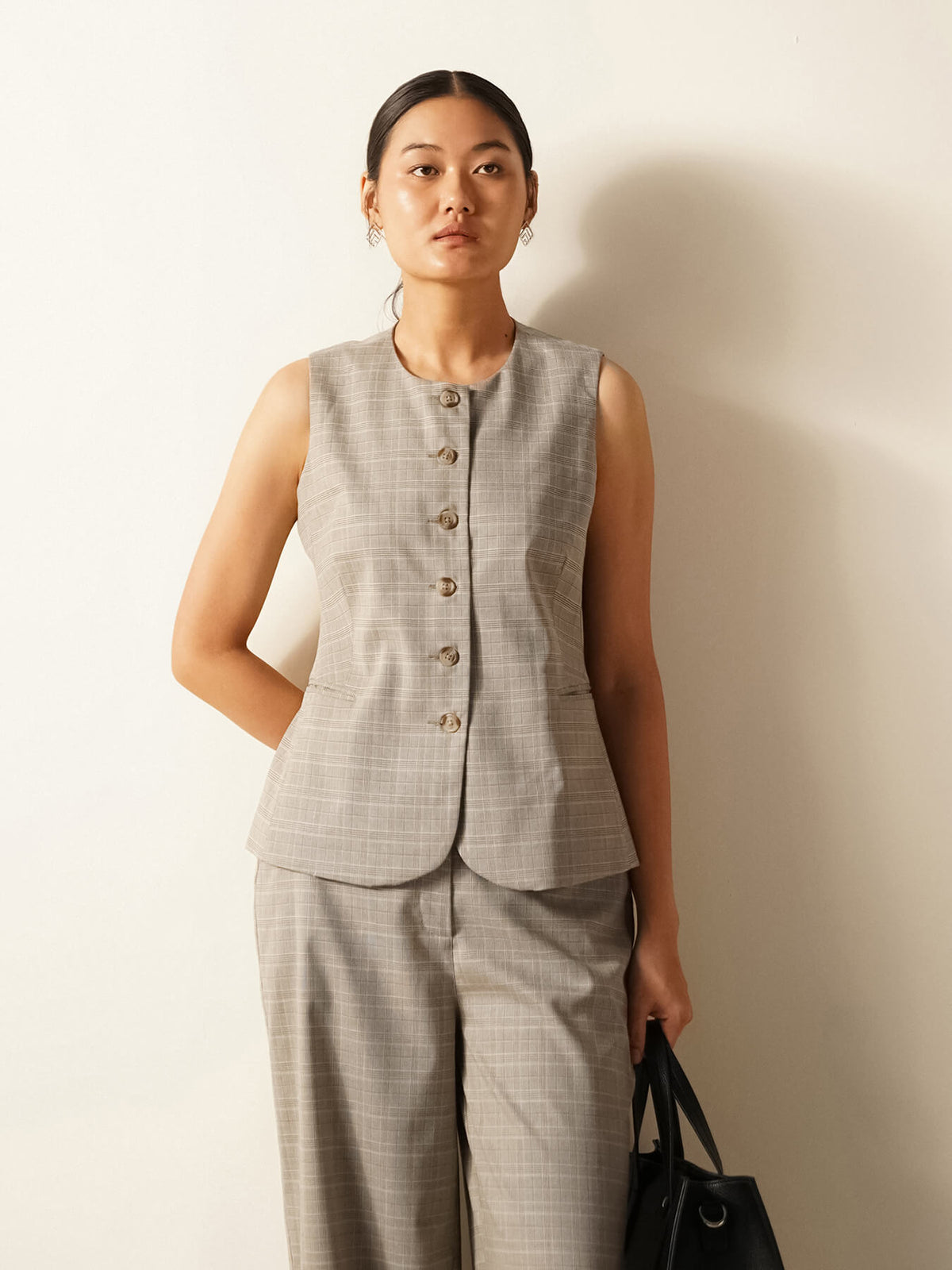 Checkered Waistcoat And Trousers Coord- Grey