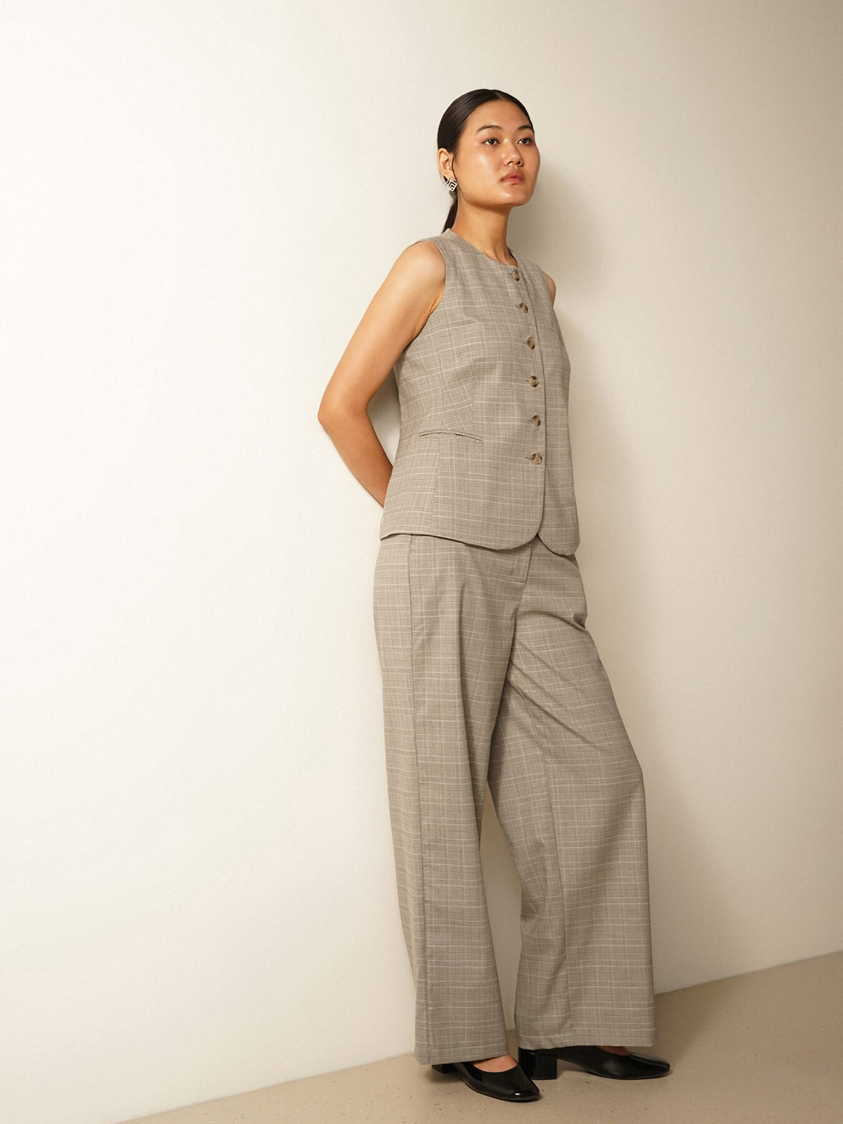 Checkered Waistcoat And Trousers Coord- Grey