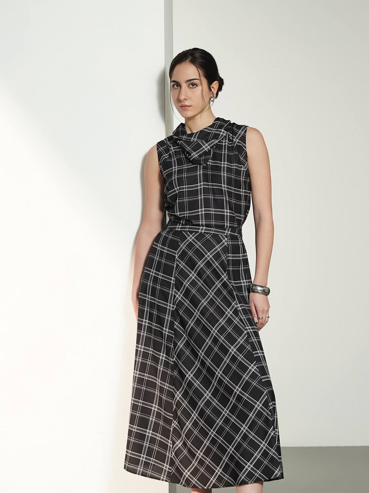 Plaid Print Top And Skirt Coord - Black
