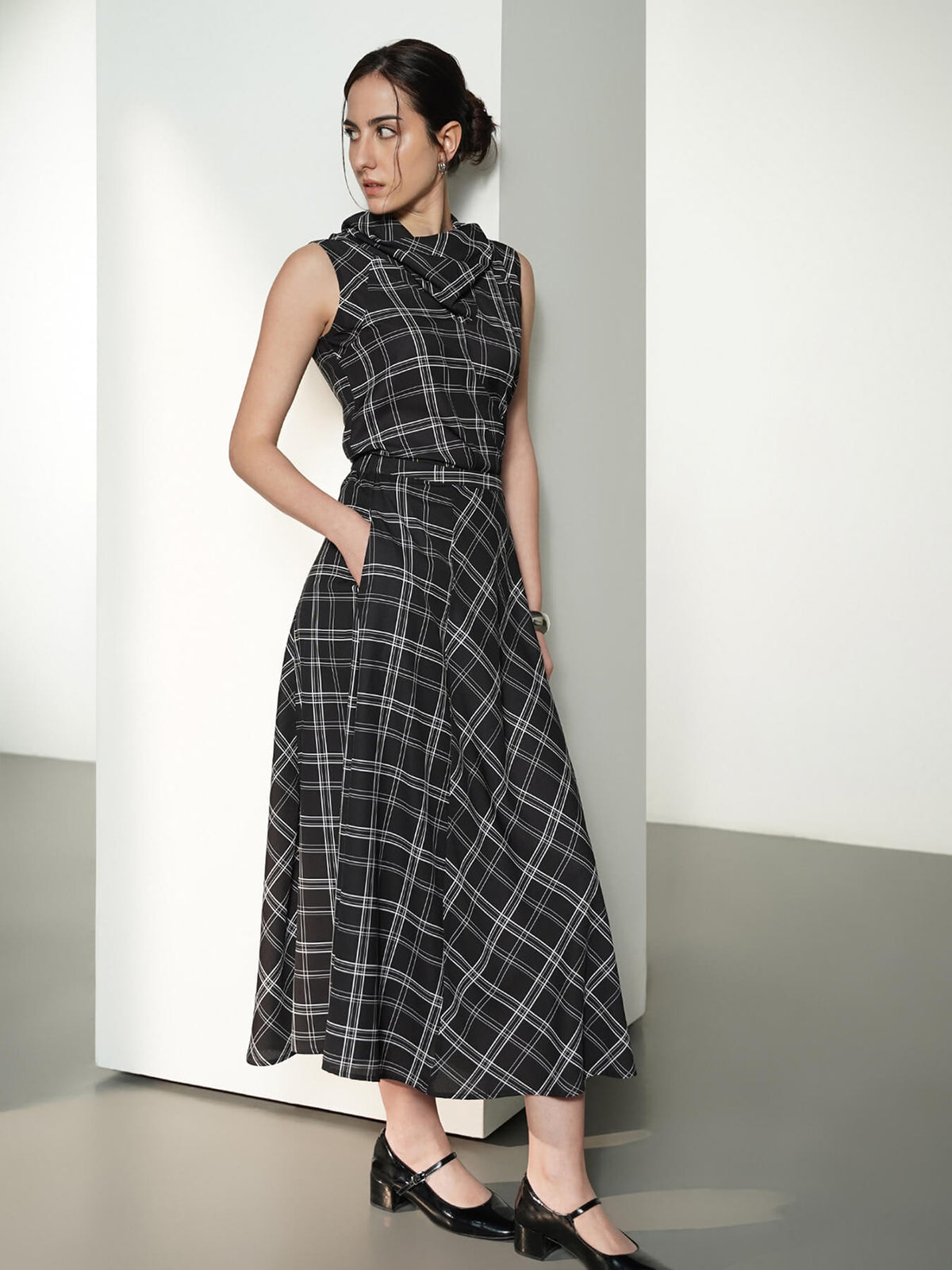 Plaid Print Top And Skirt Coord - Black
