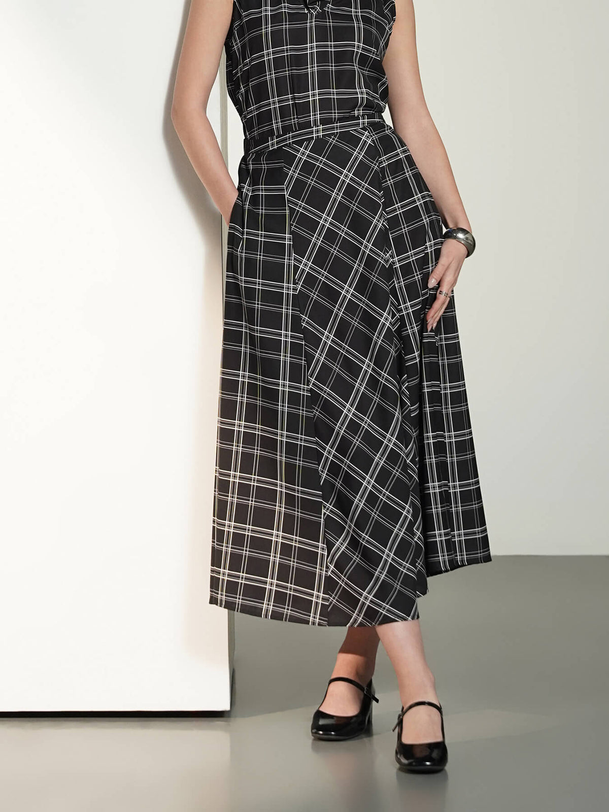 Plaid Print Top And Skirt Coord - Black