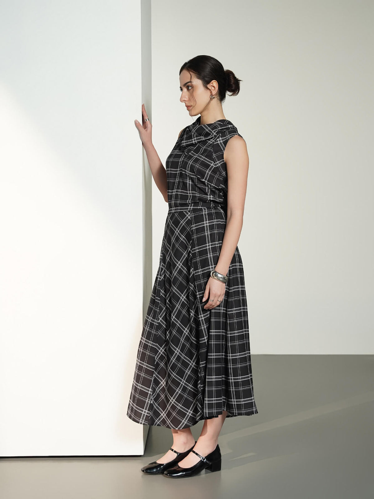 Plaid Print Top And Skirt Coord - Black