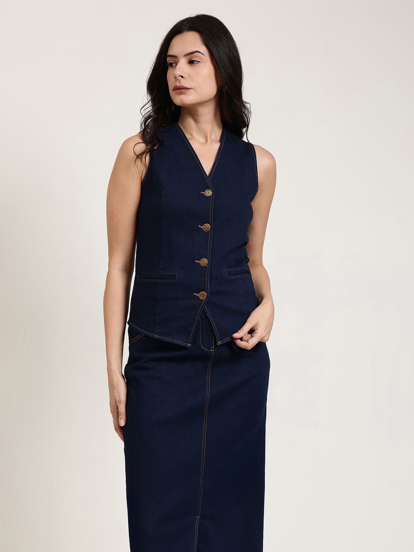 Denim Waistcoat & Skirt Co-ord Set - Navy Blue
