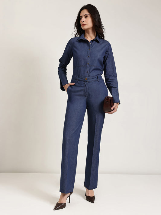 Denim Trousers Co-ord Set - Navy Blue