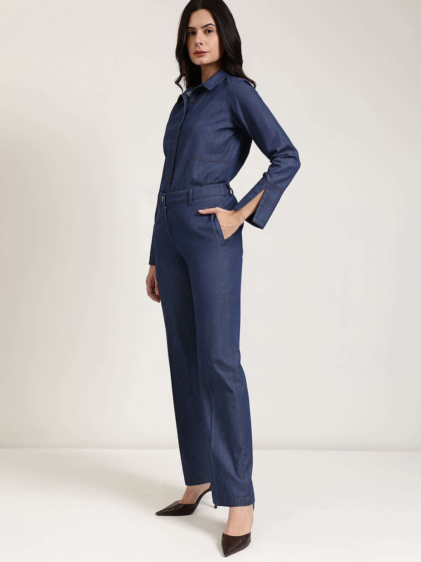 Denim Trousers Co-ord Set - Navy Blue