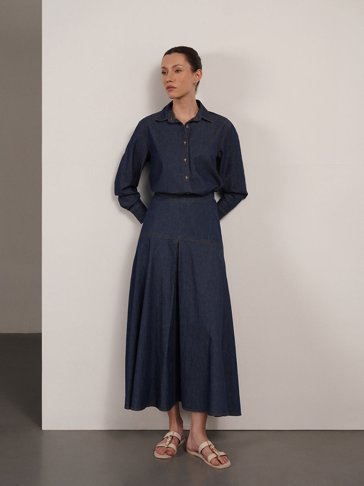 Denim Shirt And Skirt Coord - Navy Blue