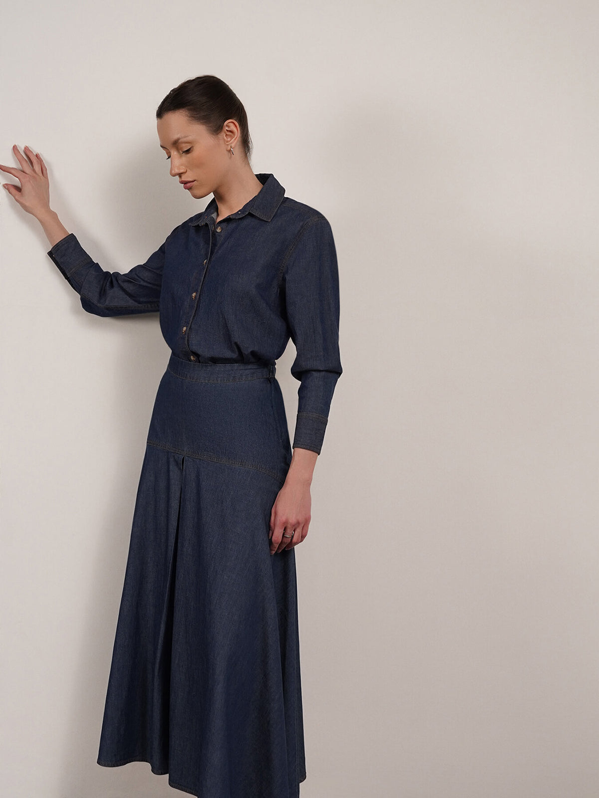 Denim Shirt And Skirt Coord - Navy Blue