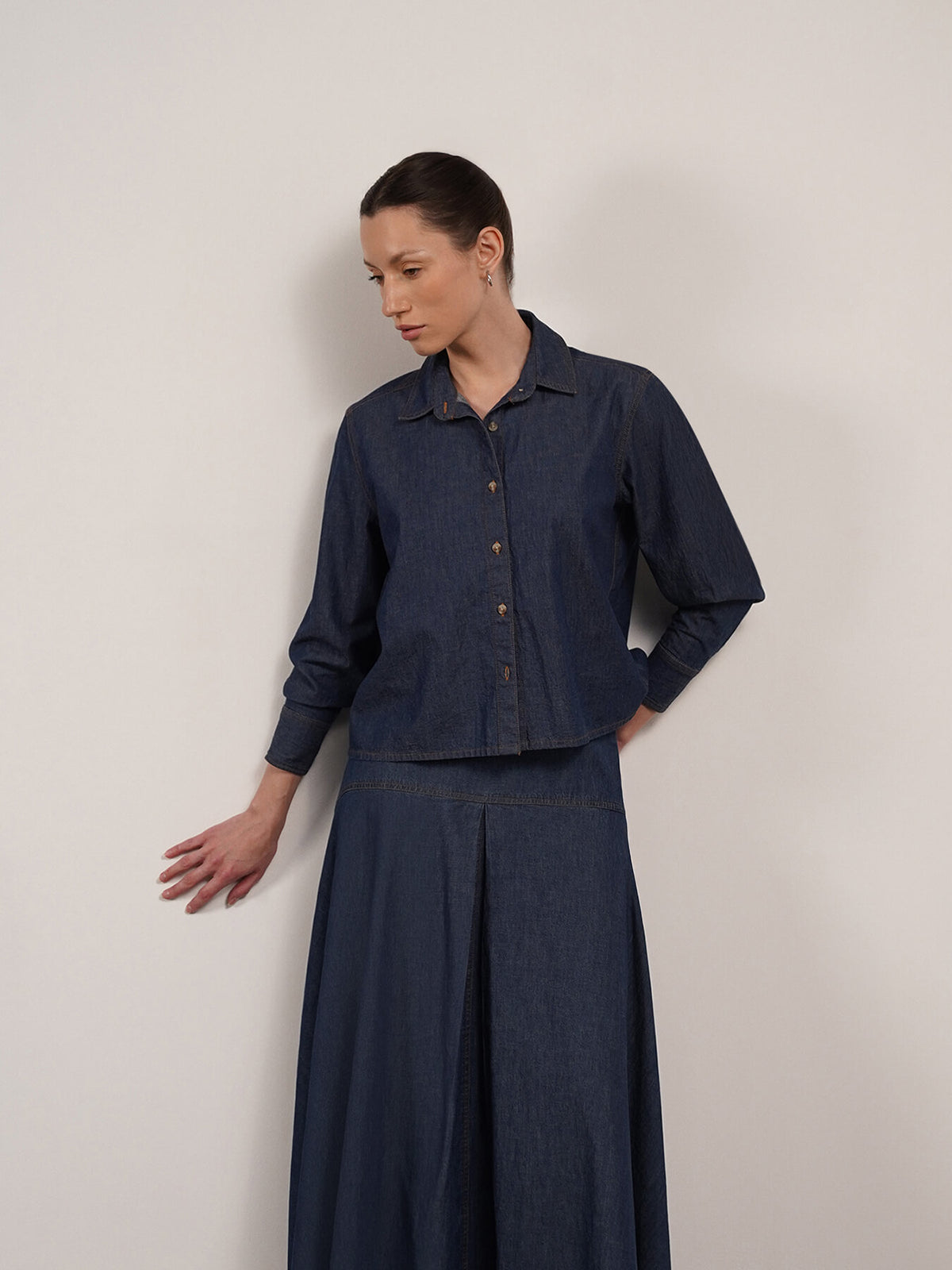 Denim Shirt And Skirt Coord - Navy Blue