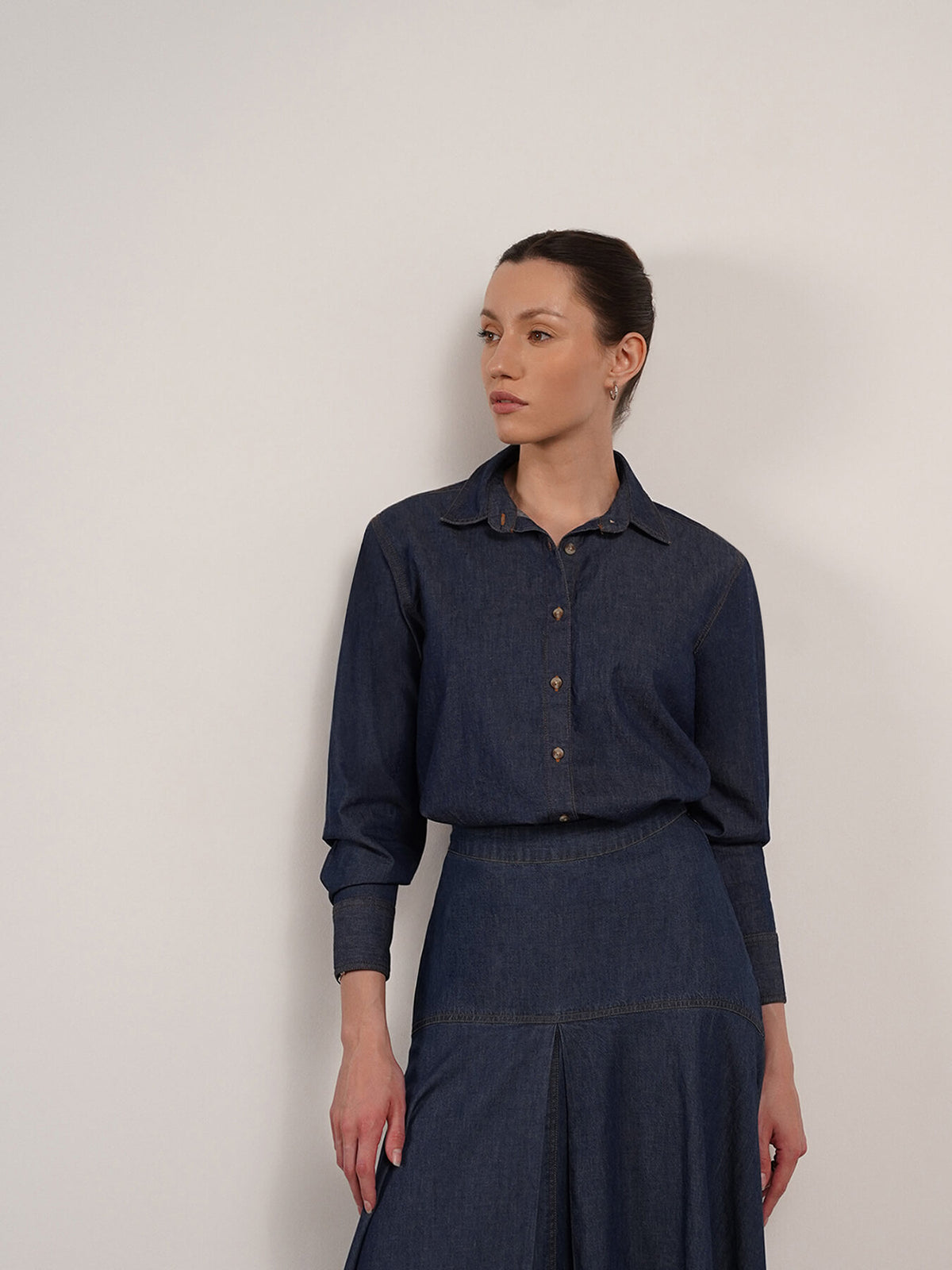 Denim Shirt And Skirt Coord - Navy Blue