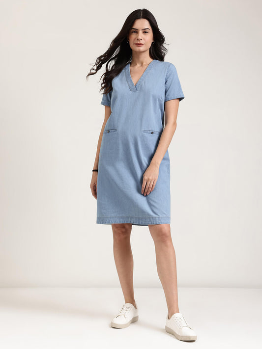 Denim V-Neck Dress - Light Blue