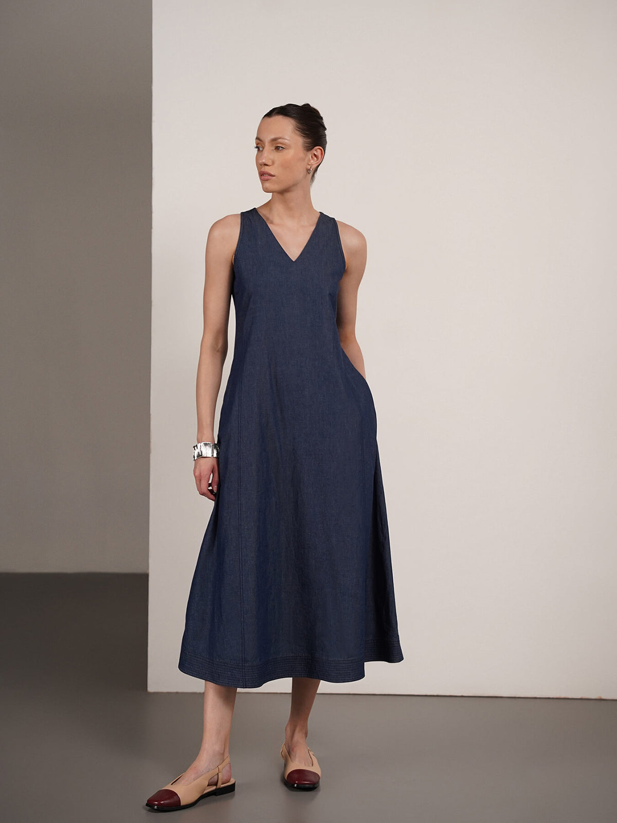 Denim V-Neck Dress - Navy Blue