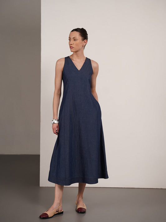 Denim V-Neck Dress - Navy Blue