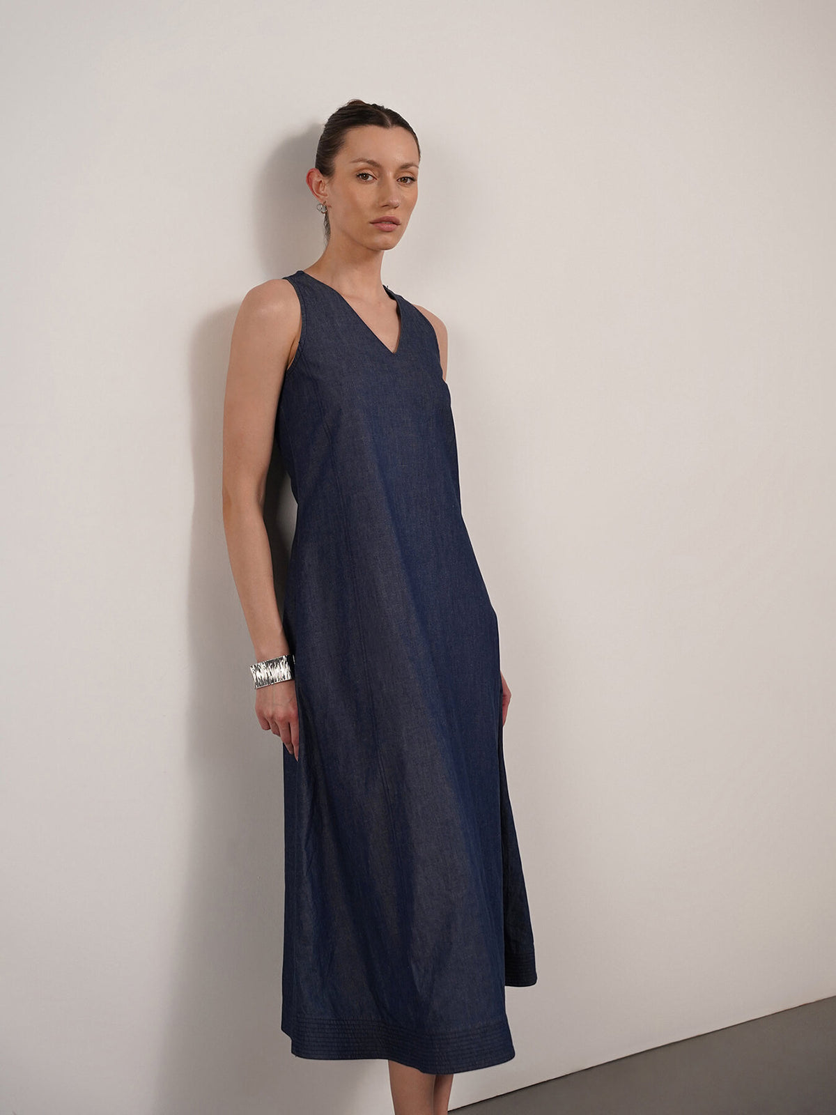 Denim V-Neck Dress - Navy Blue