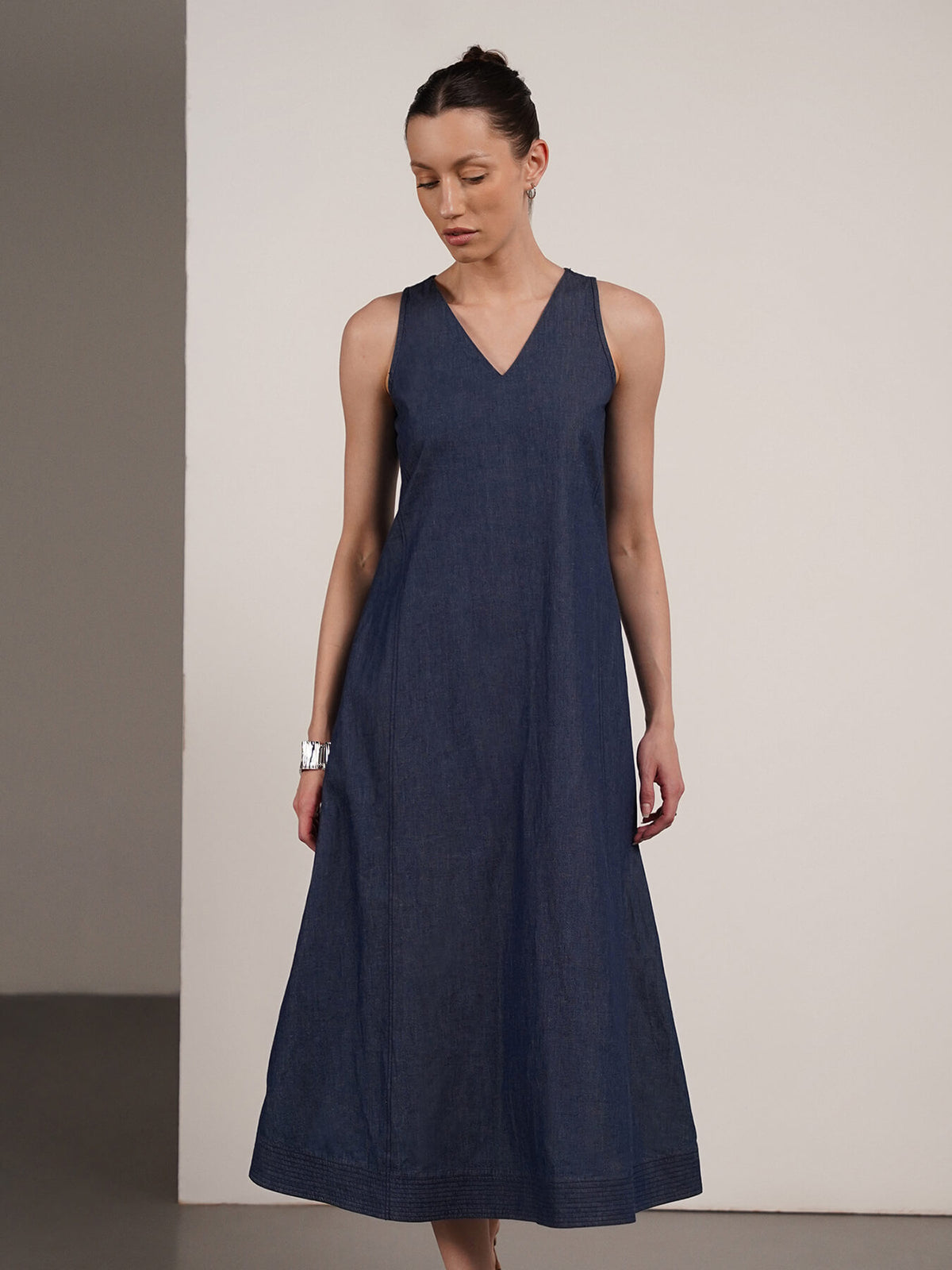 Denim V-Neck Dress - Navy Blue