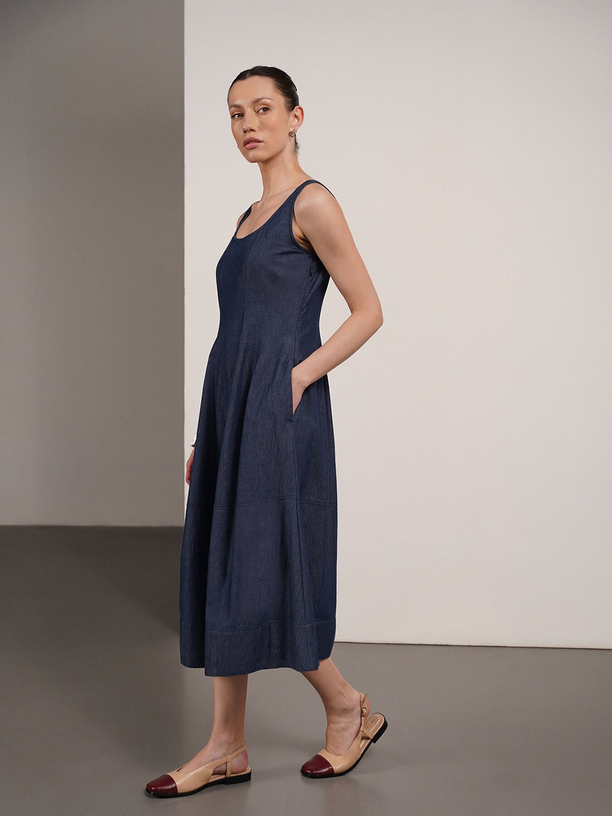 Denim Fit and Flare Dress - Navy Blue