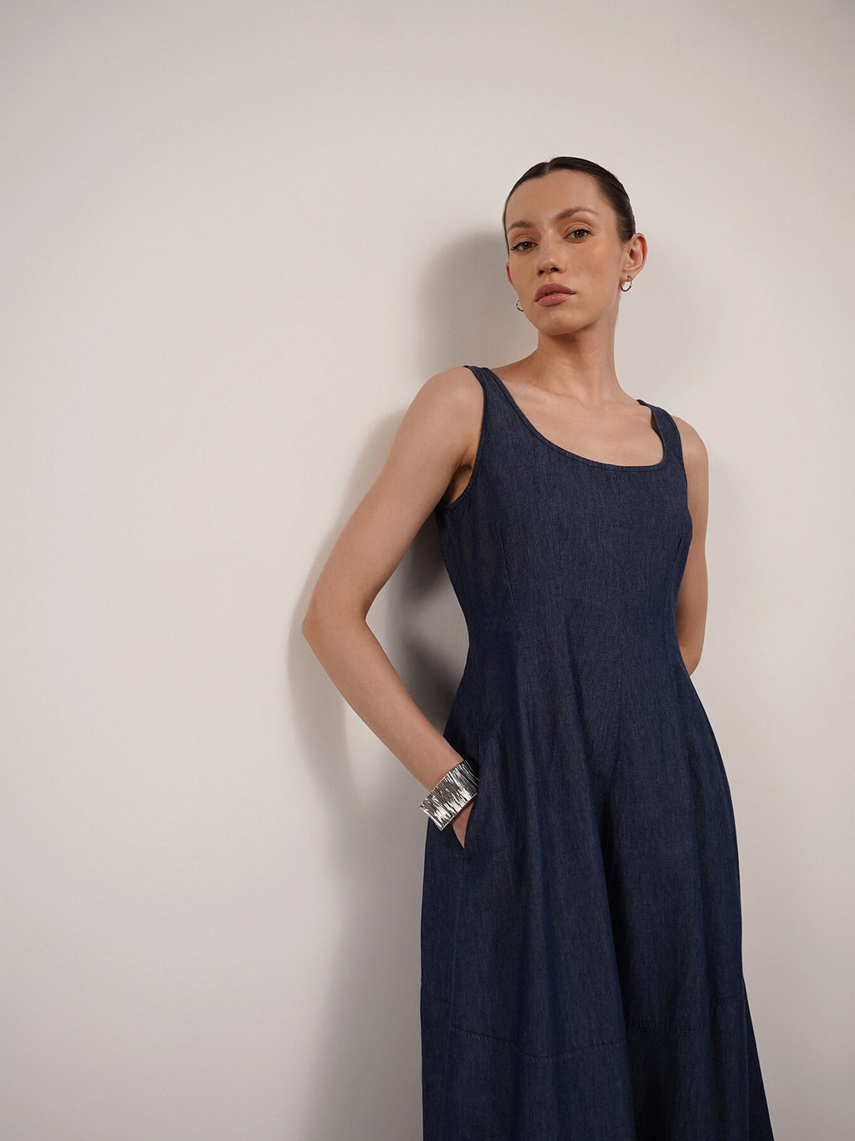 Denim Fit and Flare Dress - Navy Blue