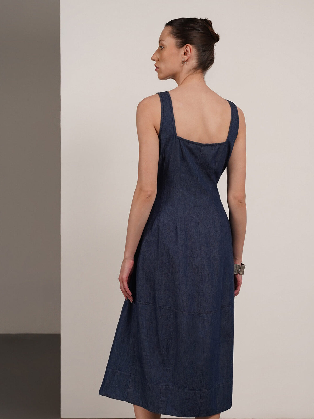 Denim Fit and Flare Dress - Navy Blue
