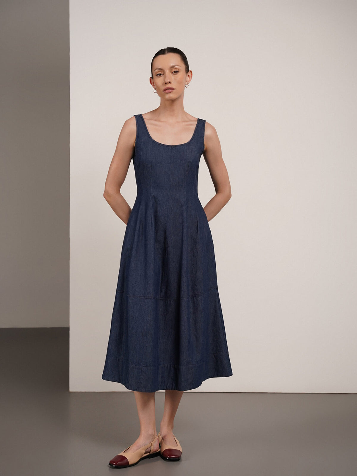 Denim Fit and Flare Dress - Navy Blue