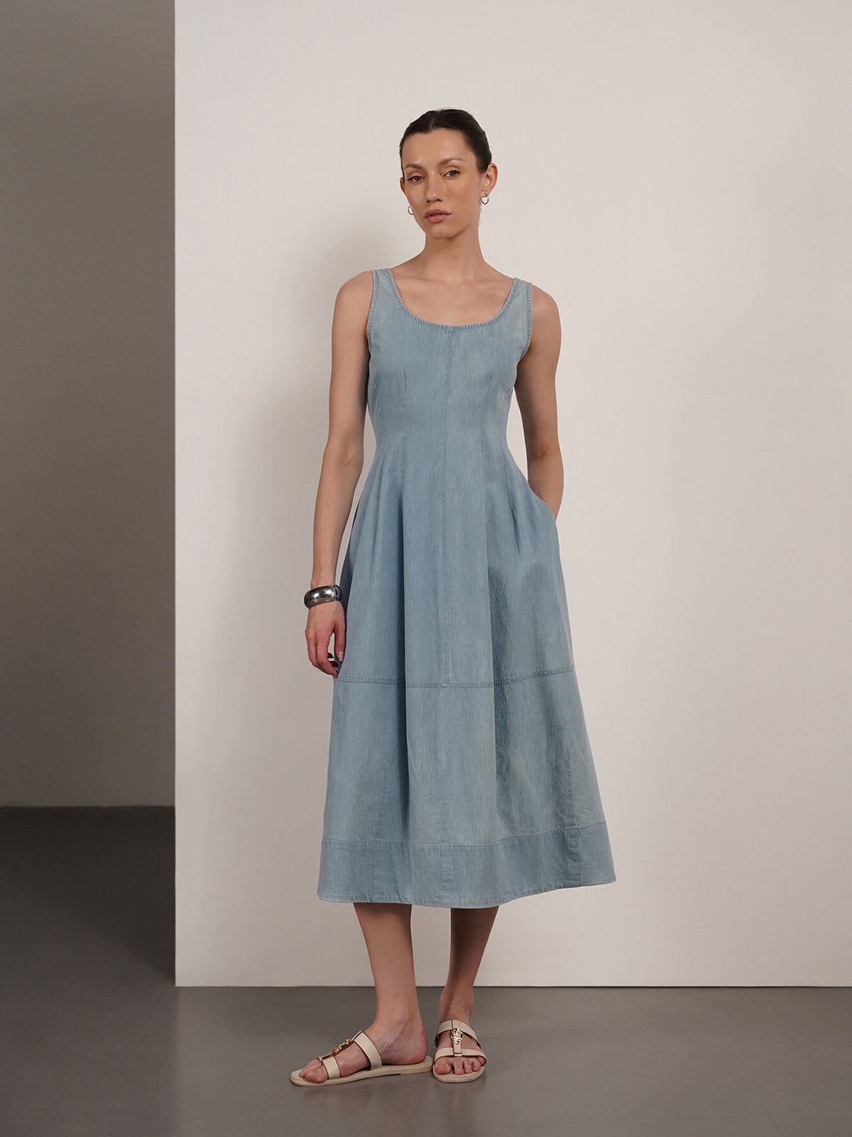 Denim Fit and Flare Dress - Blue