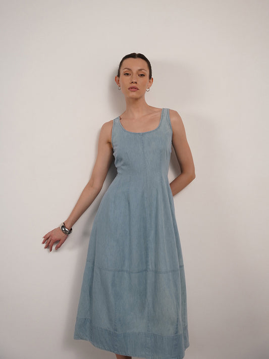 Denim Fit and Flare Dress - Blue