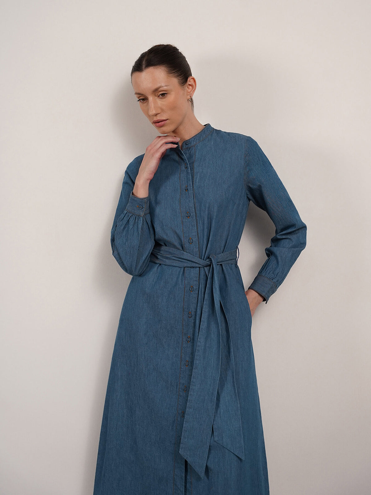 Denim Mandarin Collar Shirt Dress - Blue