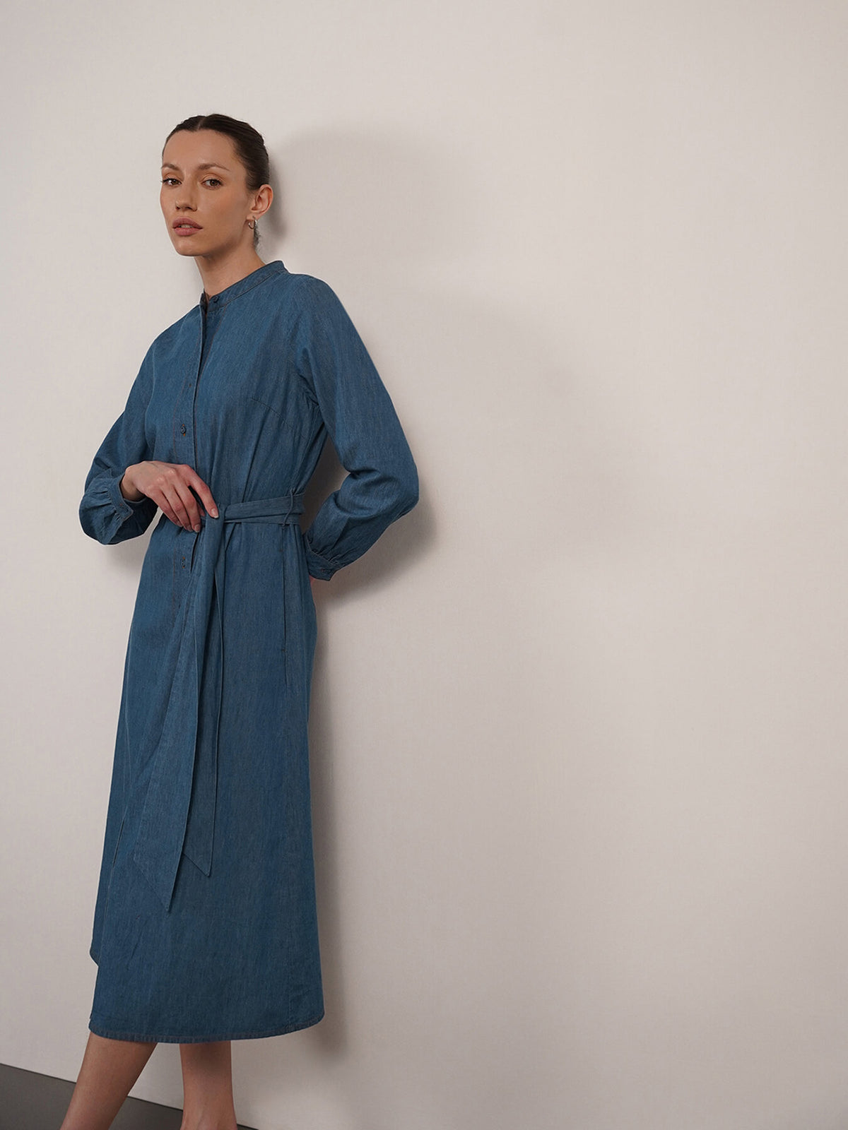 Denim Mandarin Collar Shirt Dress - Blue