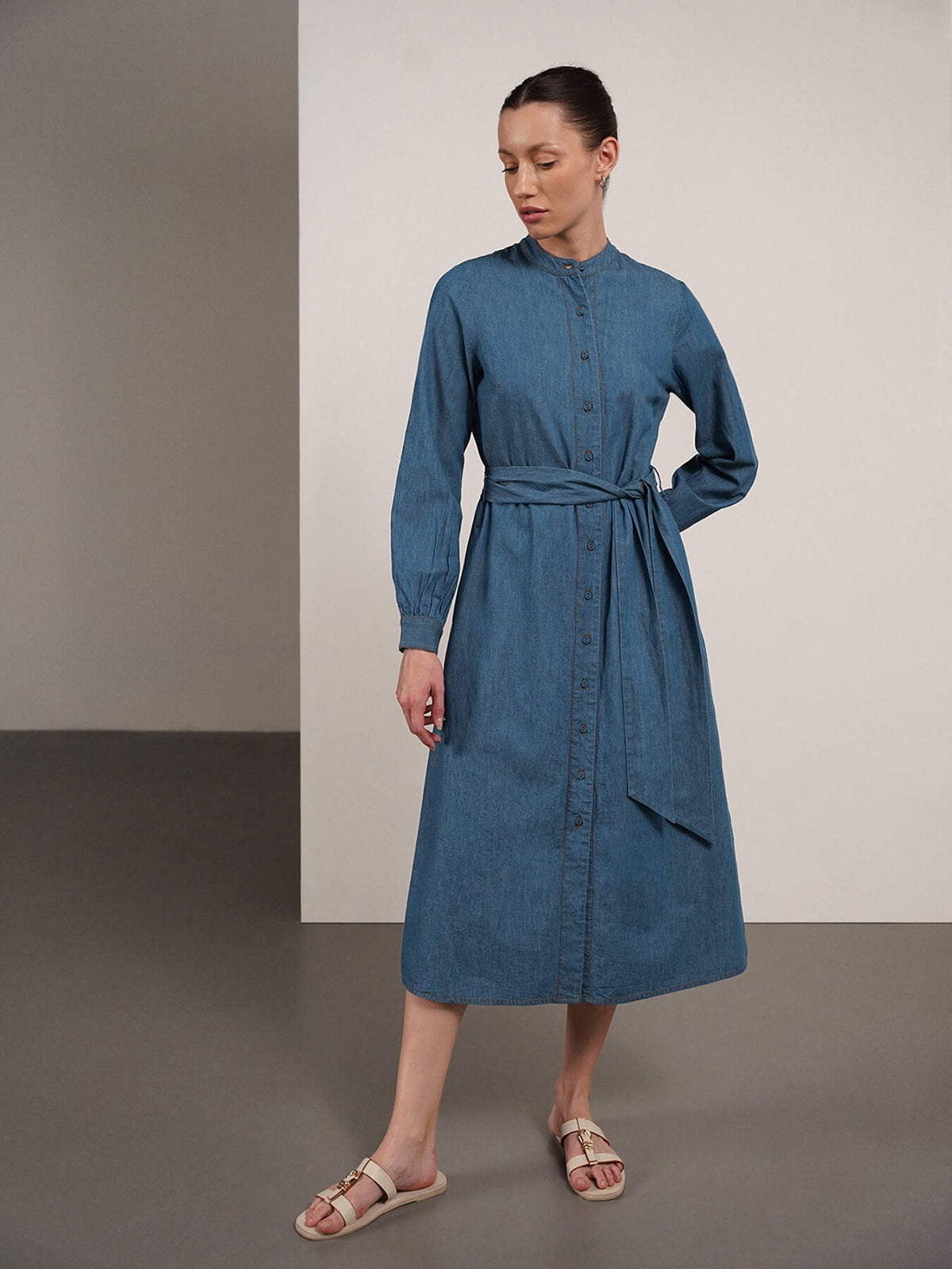 Denim Mandarin Collar Shirt Dress - Blue