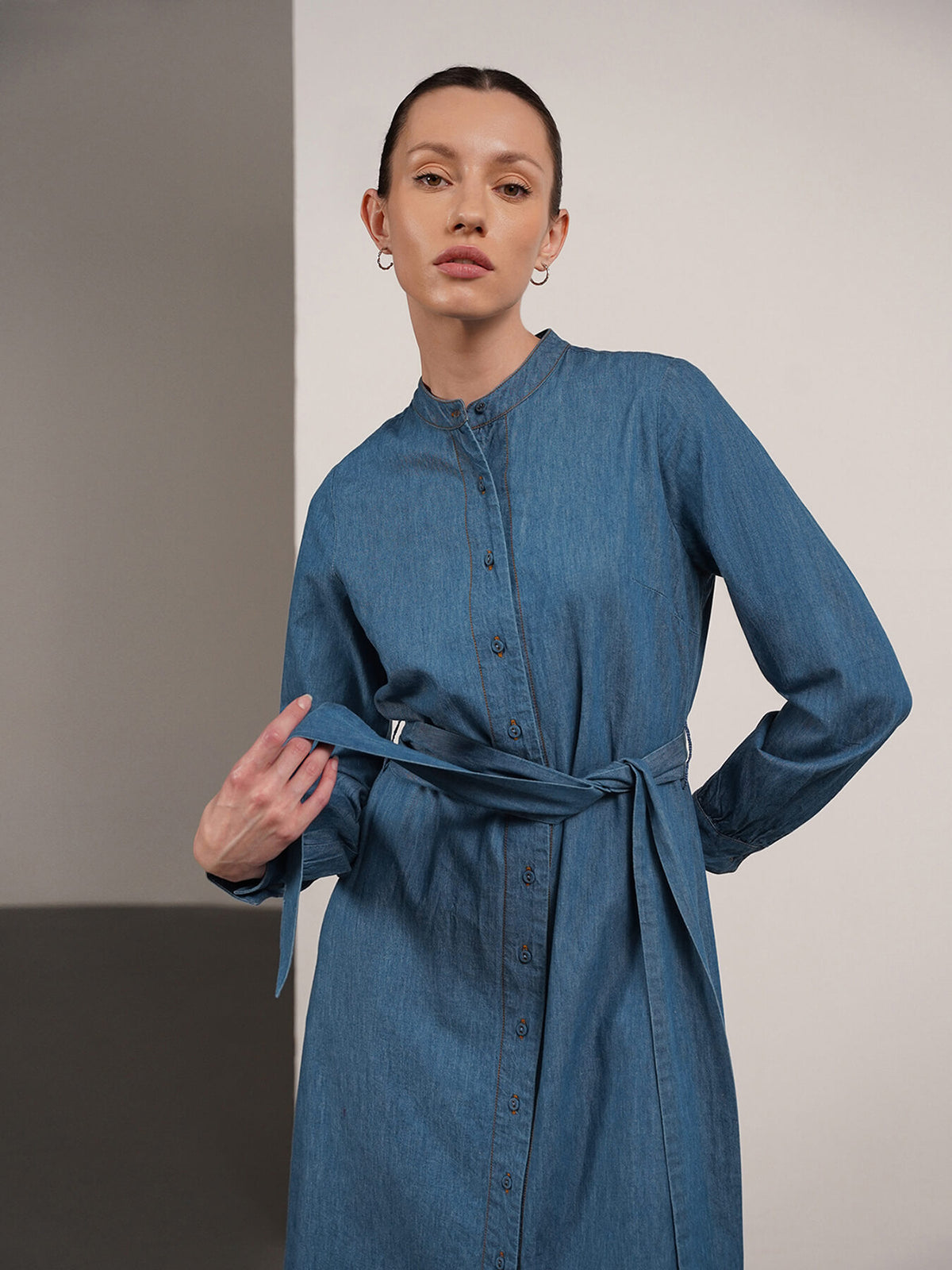 Denim Mandarin Collar Shirt Dress - Blue