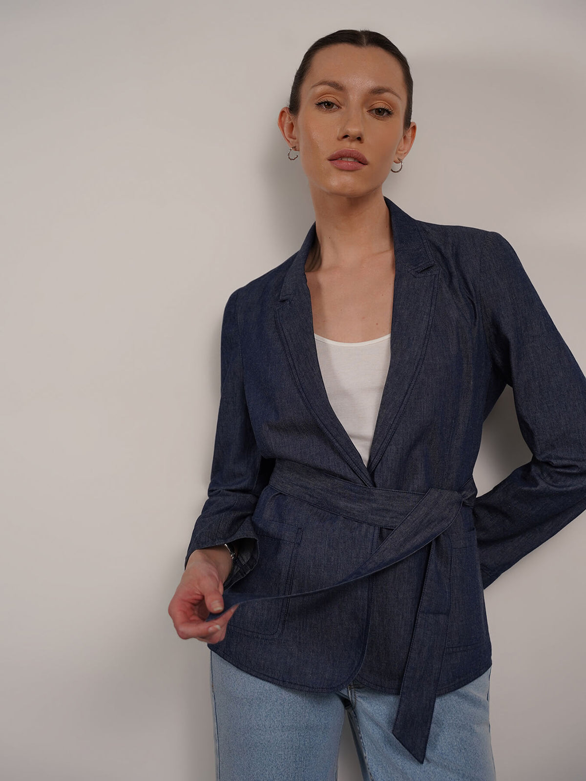 Denim Lapel Collar Jacket - Navy Blue