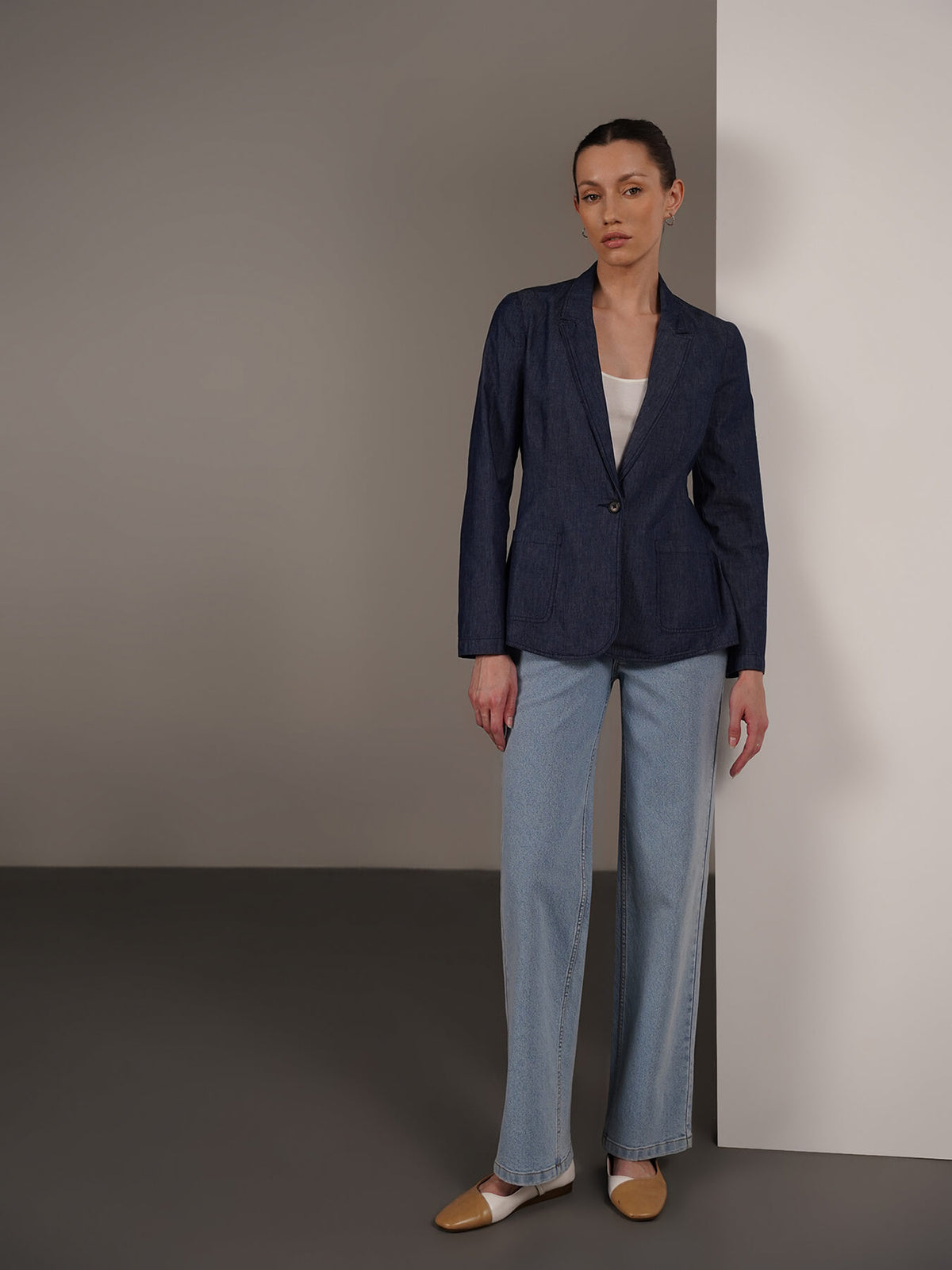 Denim Lapel Collar Jacket - Navy Blue