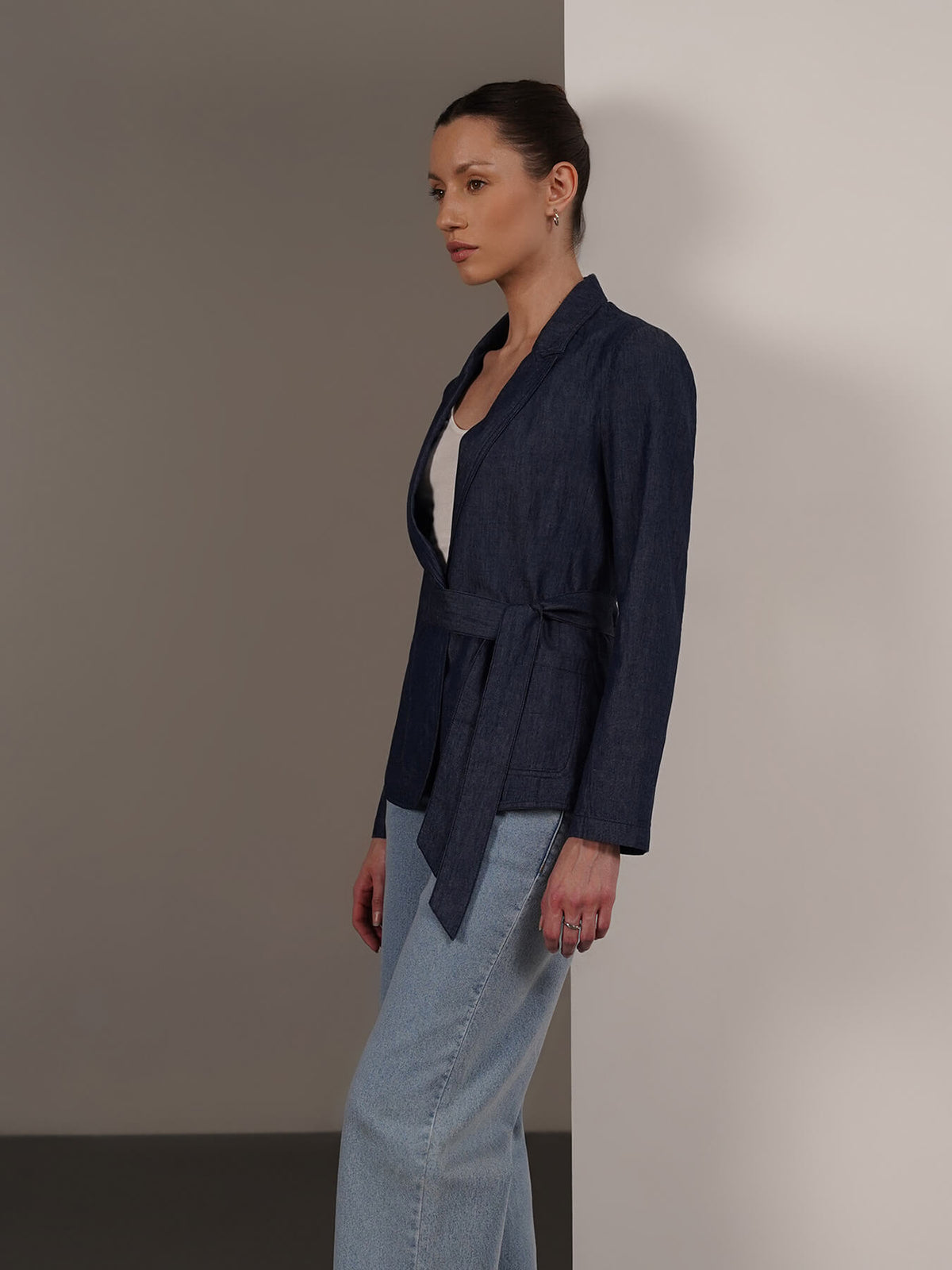 Denim Lapel Collar Jacket - Navy Blue