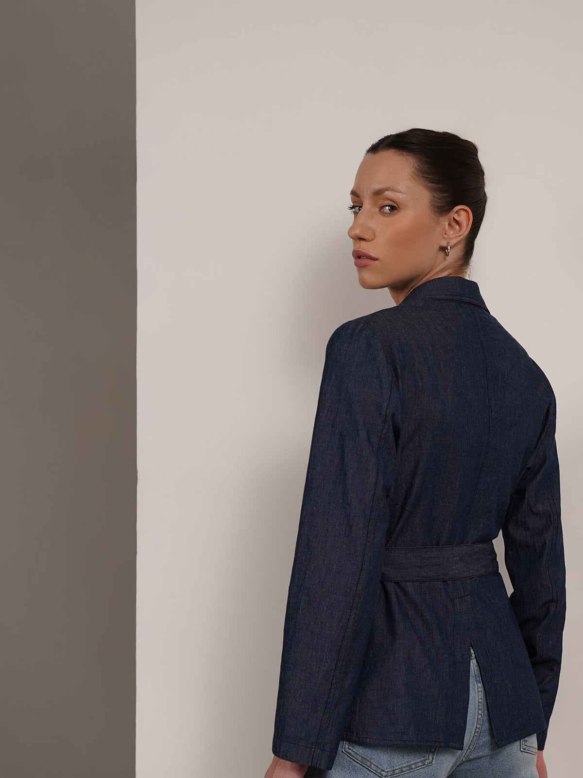Denim Lapel Collar Jacket - Navy Blue