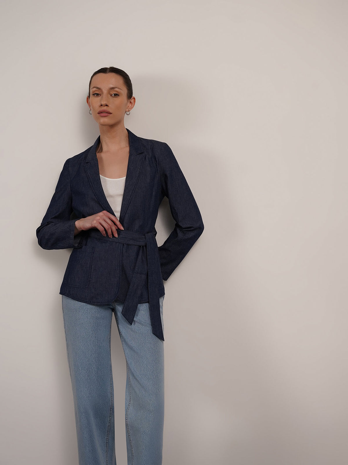 Denim Lapel Collar Jacket - Navy Blue