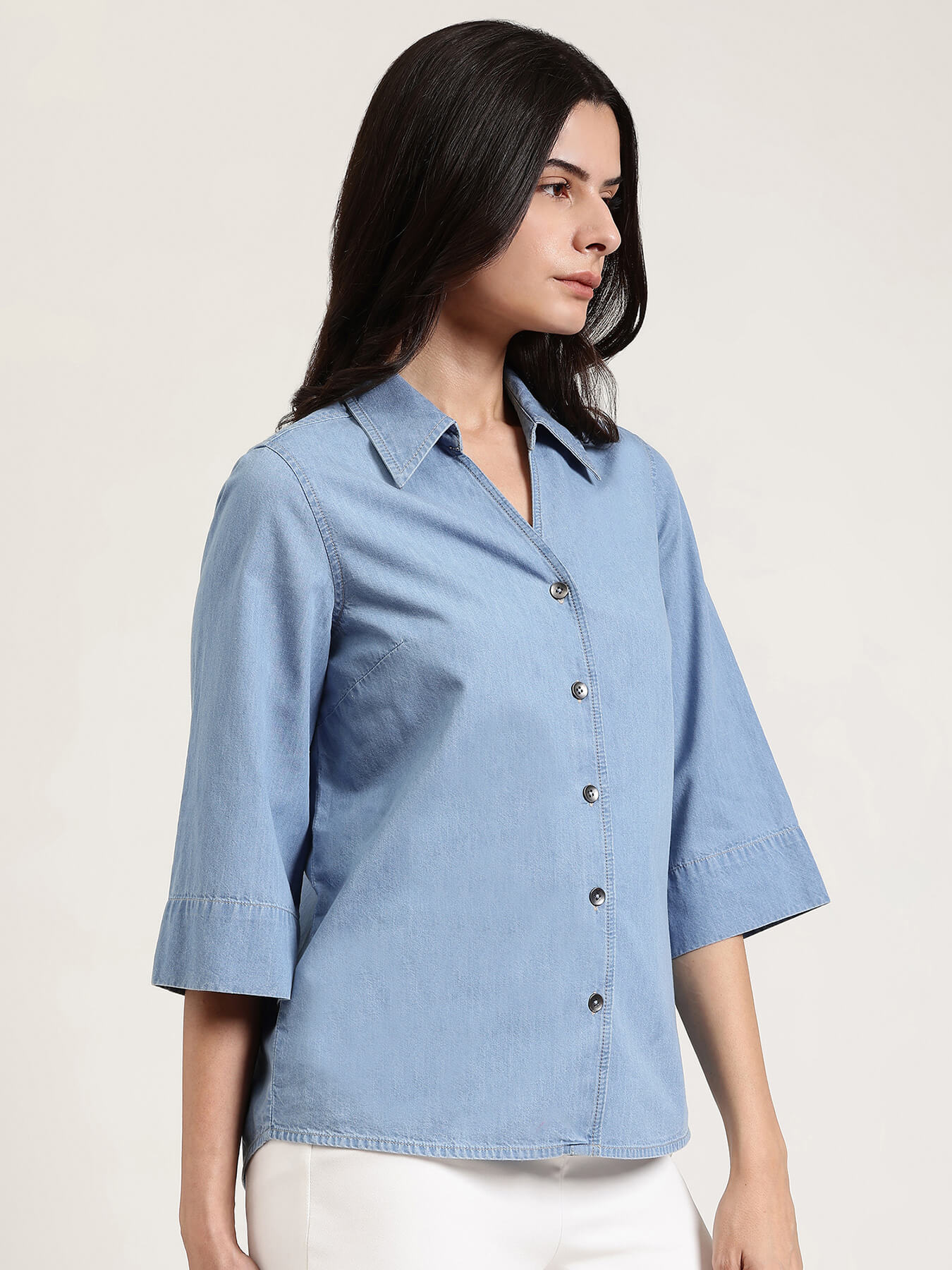 Denim V-Neck Shirt - Light Blue
