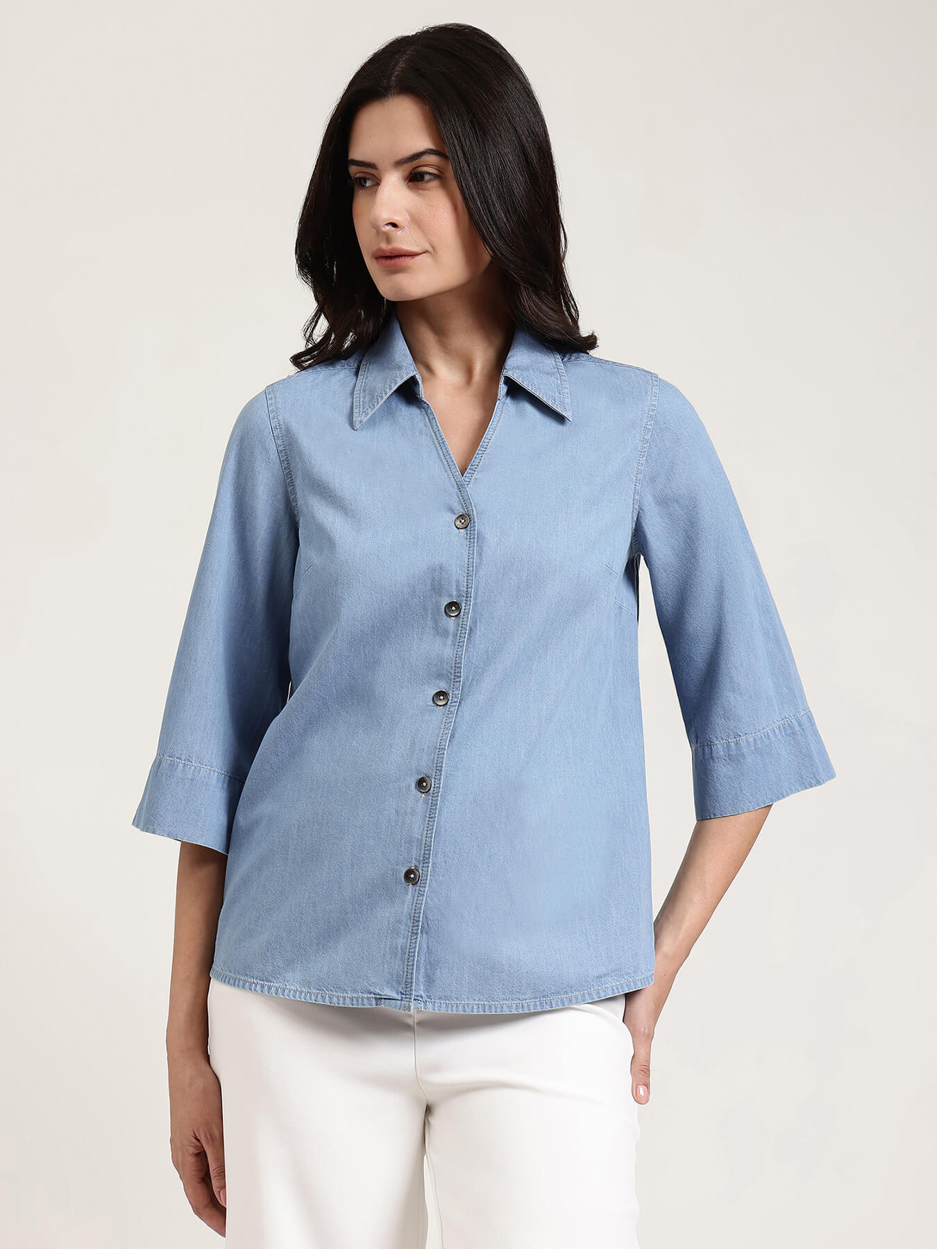 Denim V-Neck Shirt - Light Blue