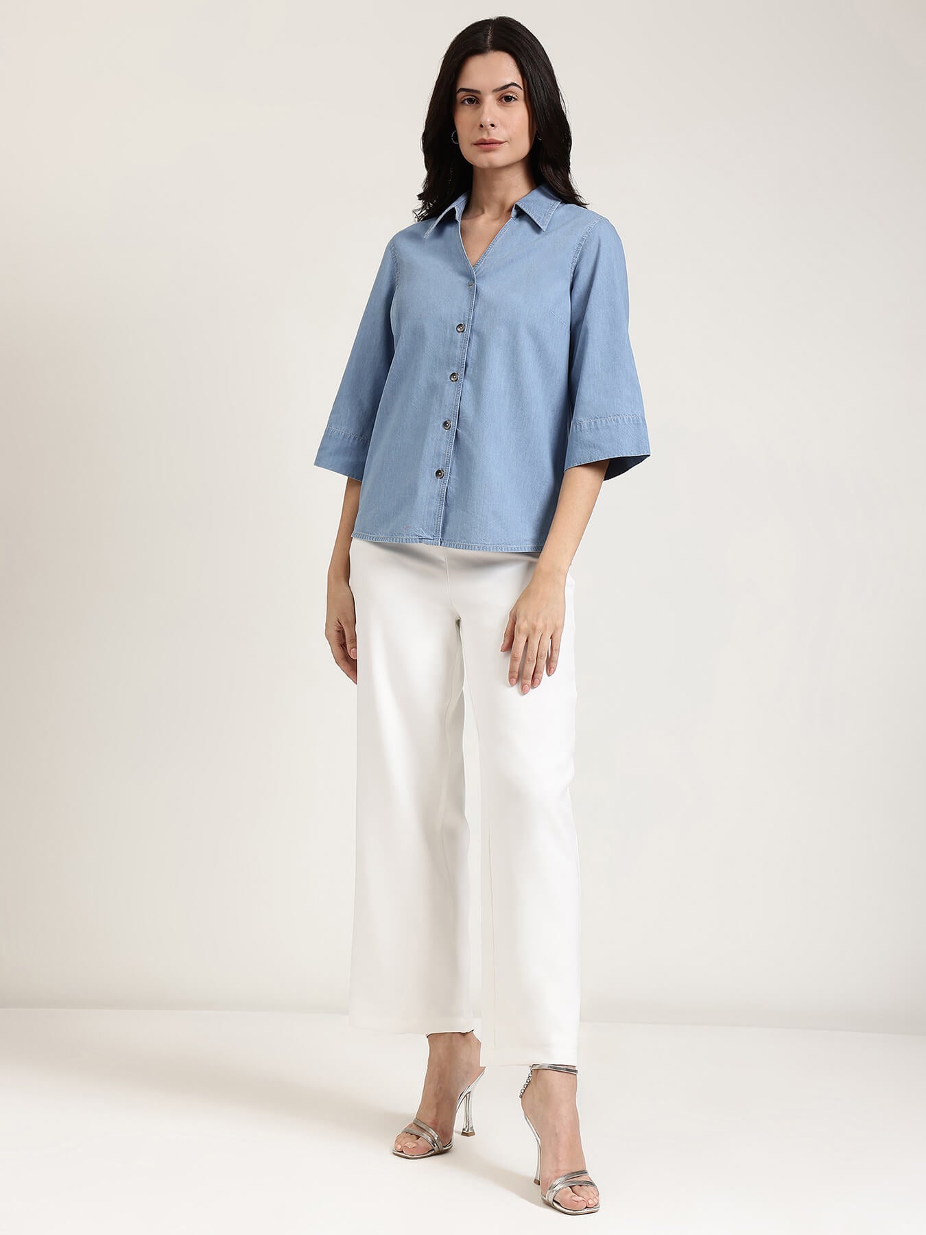 Denim V-Neck Shirt - Light Blue