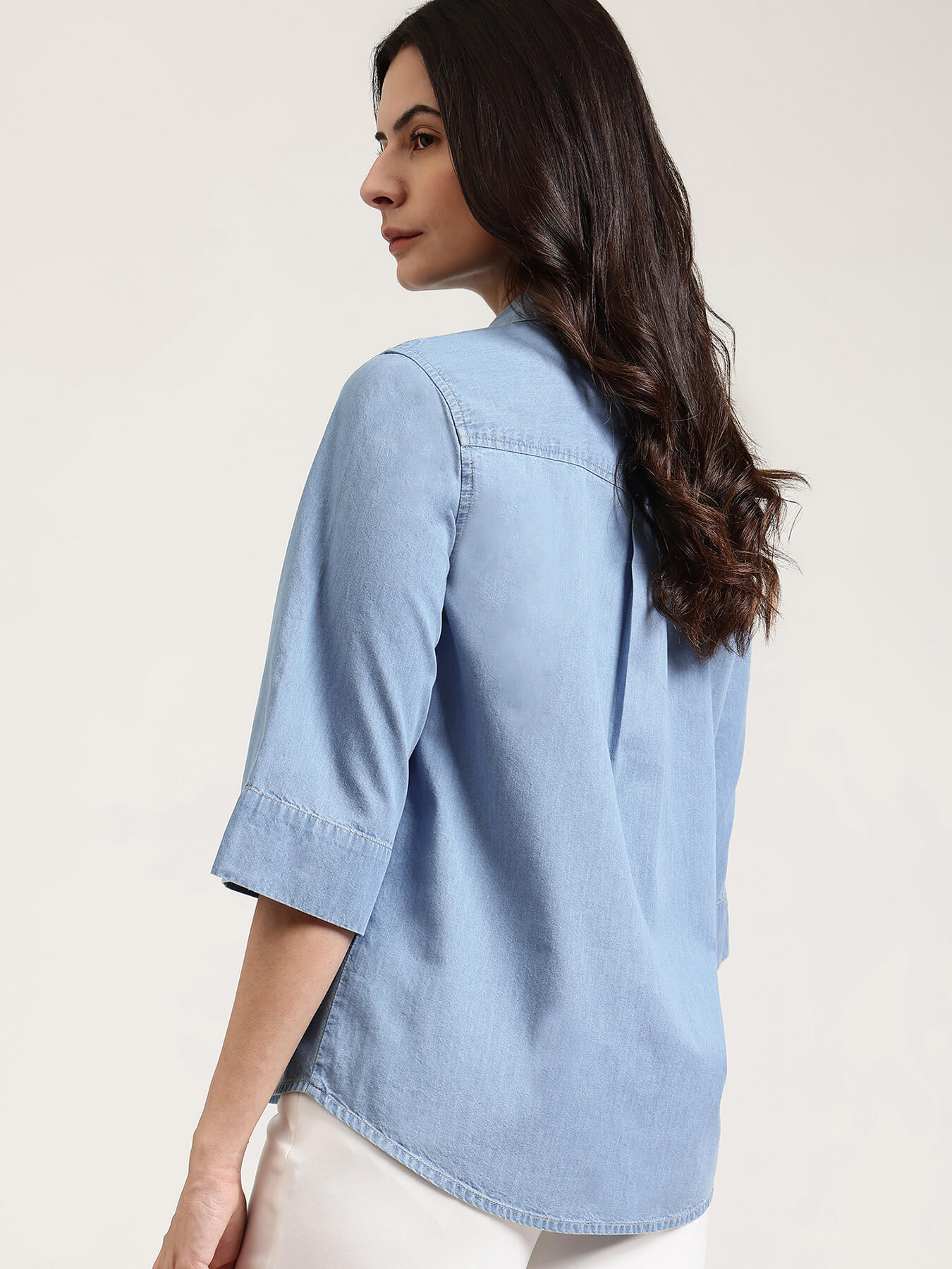Denim V-Neck Shirt - Light Blue