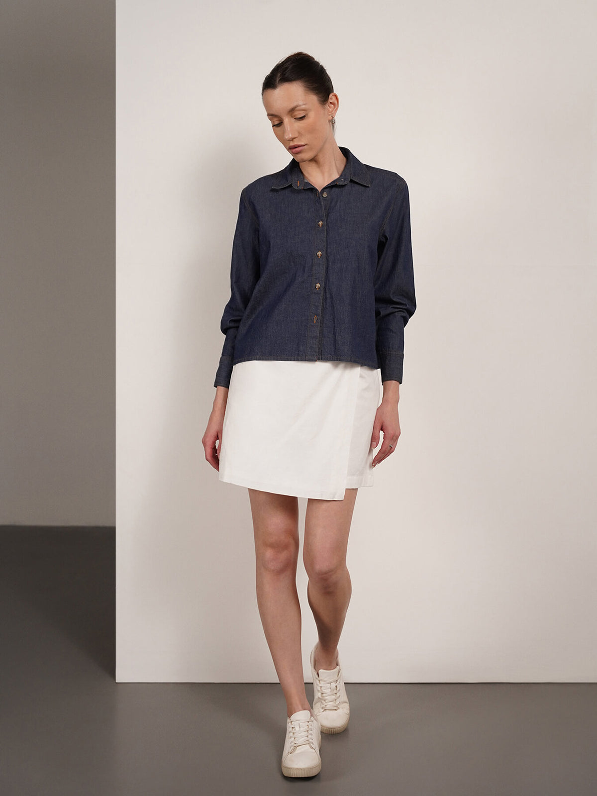 Denim Crop Shirt - Navy Blue
