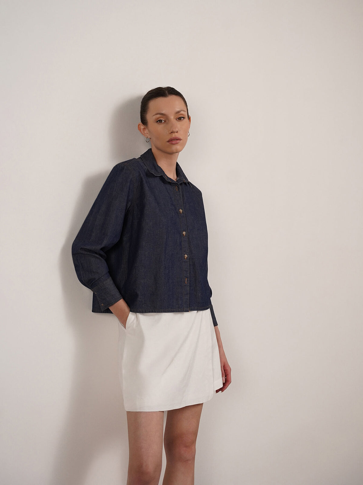 Denim Crop Shirt - Navy Blue