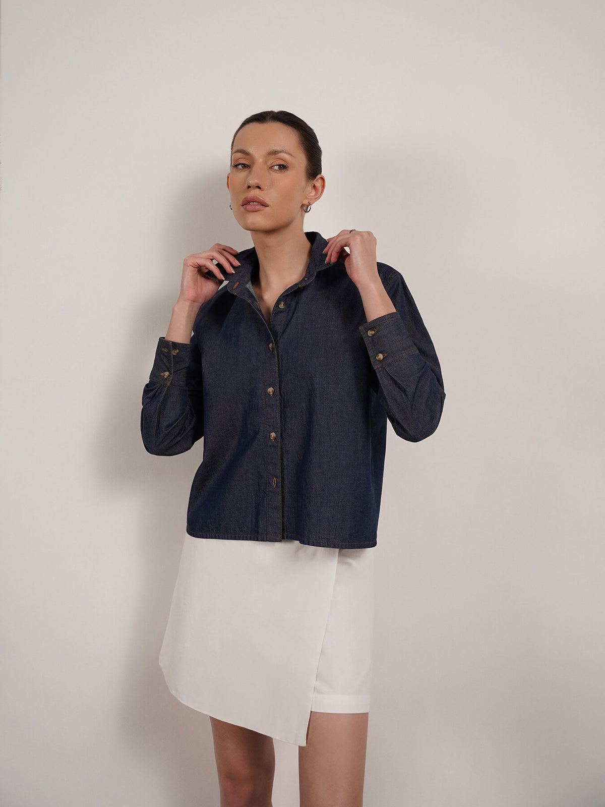 Denim Crop Shirt - Navy Blue