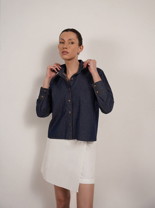 Denim Crop Shirt - Navy Blue