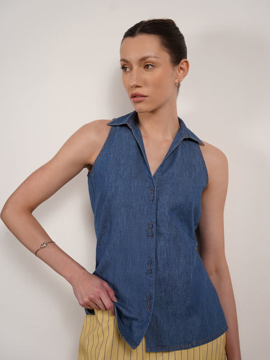 Denim V-Neck Collar Shirt - Blue