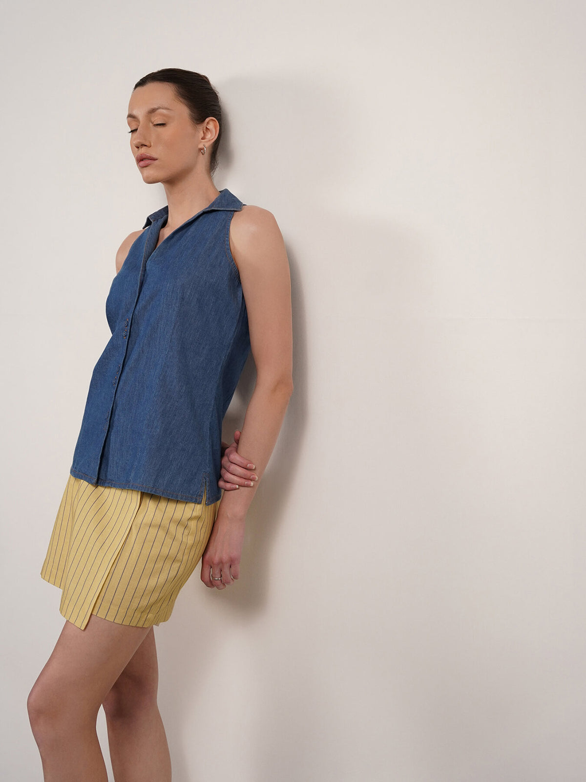 Denim V-Neck Collar Shirt - Blue