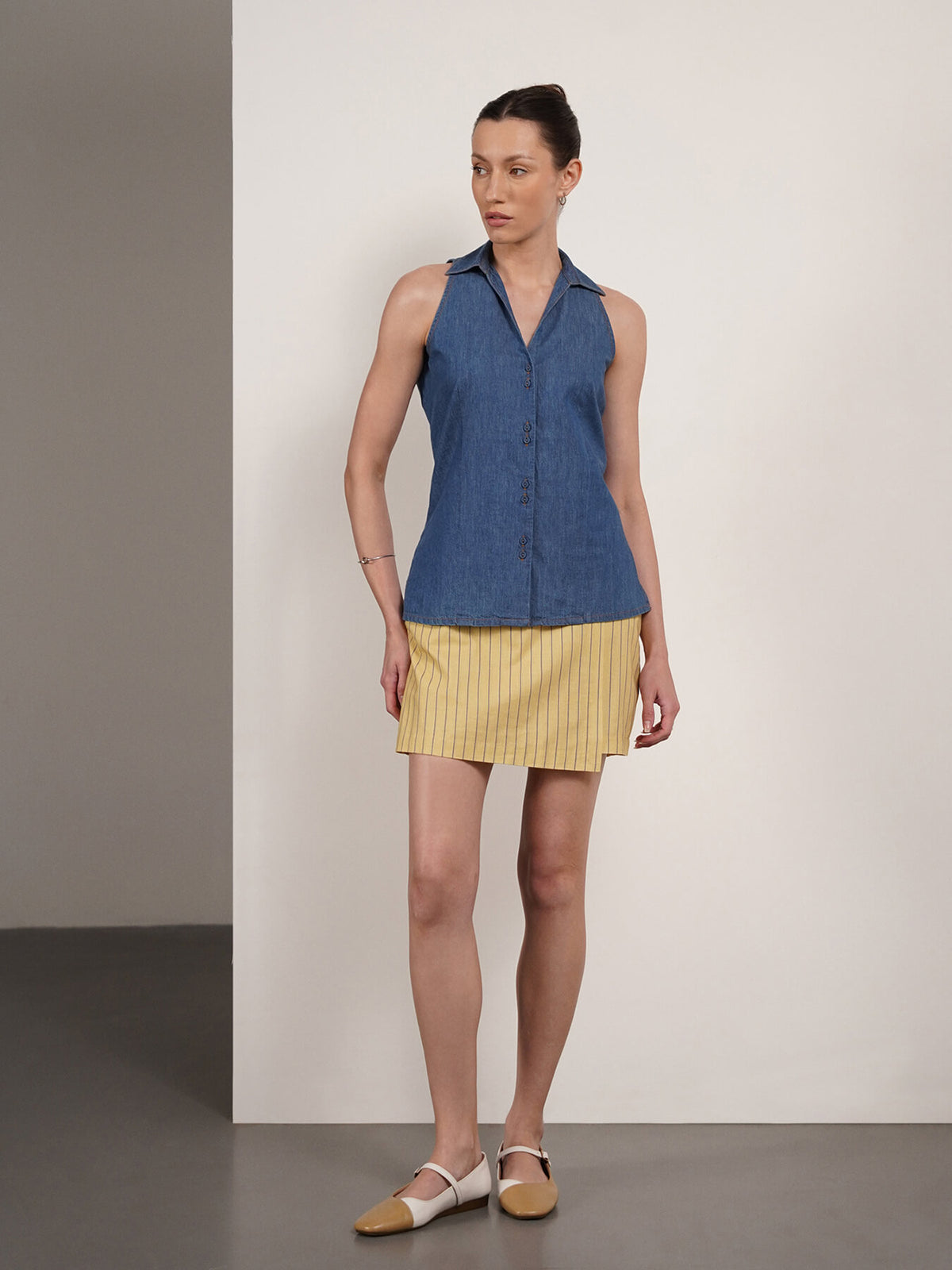 Denim V-Neck Collar Shirt - Blue