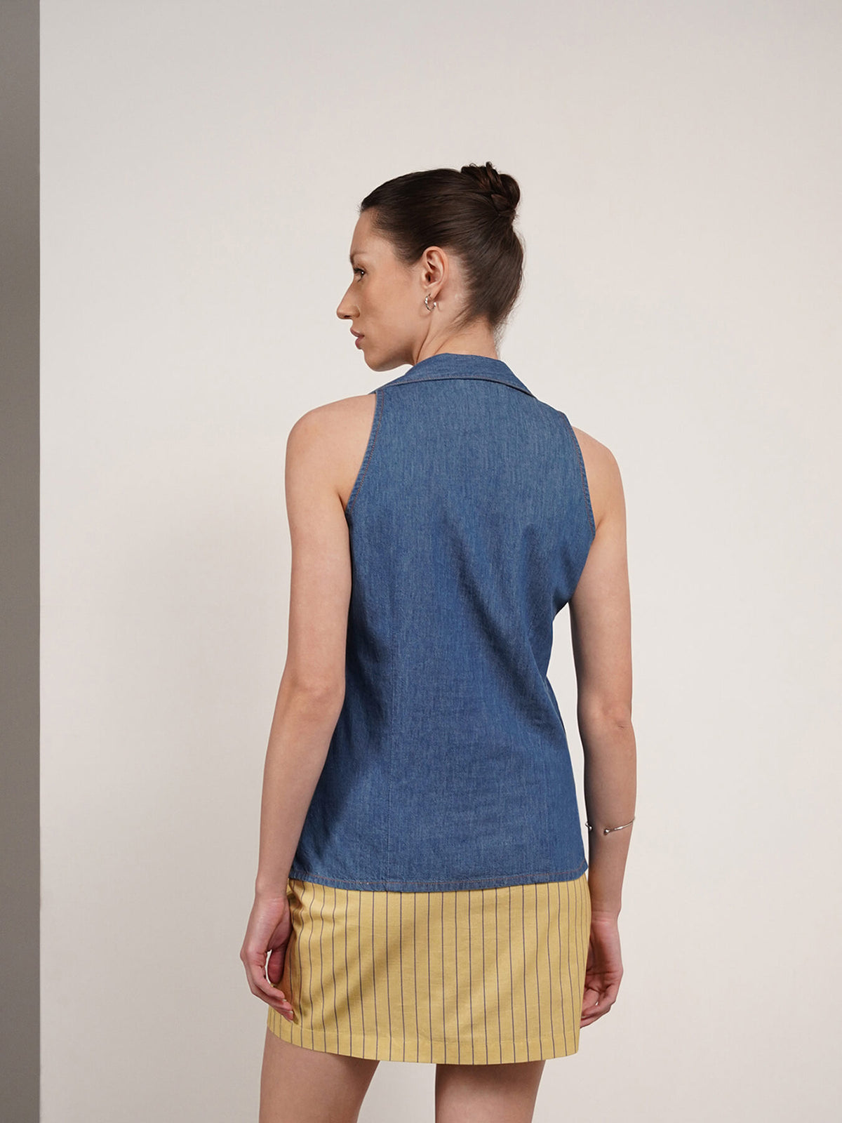 Denim V-Neck Collar Shirt - Blue