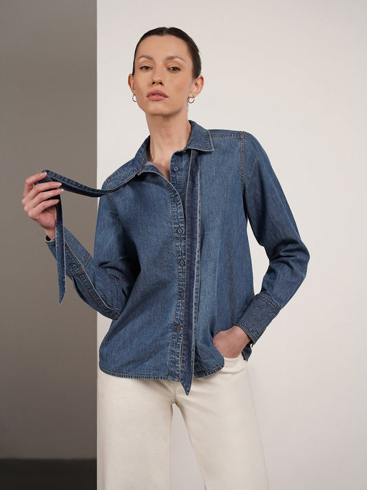 Denim Tie-Up Collar Shirt - Blue
